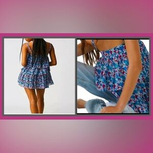 Free People Tiered Shoulder Strap Blue & Hot Pink Floral Tunic/Mini-Dress Size S